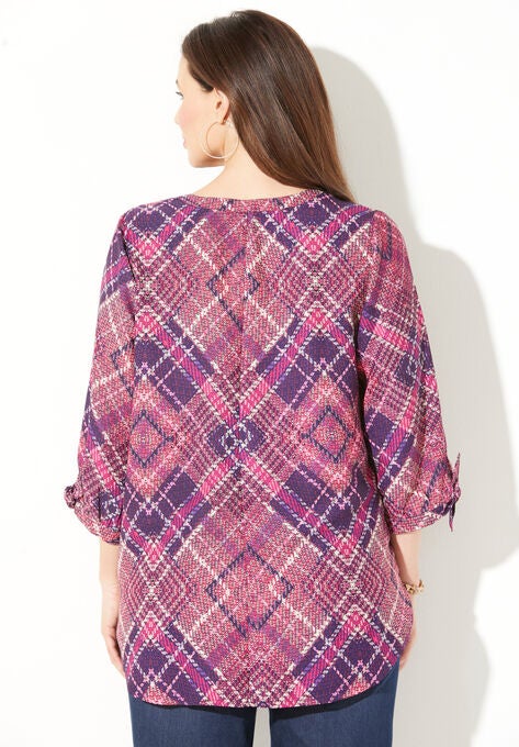 Georgette Buttonfront Tie Sleeve Cafe Blouse, , on-hover image number null