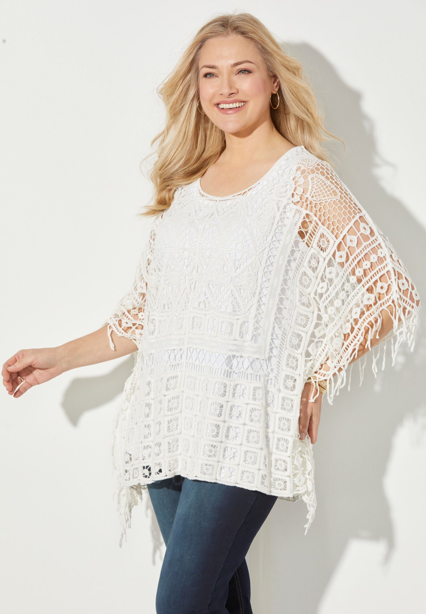 Openwork Fringe Poncho, , alternate image number 2