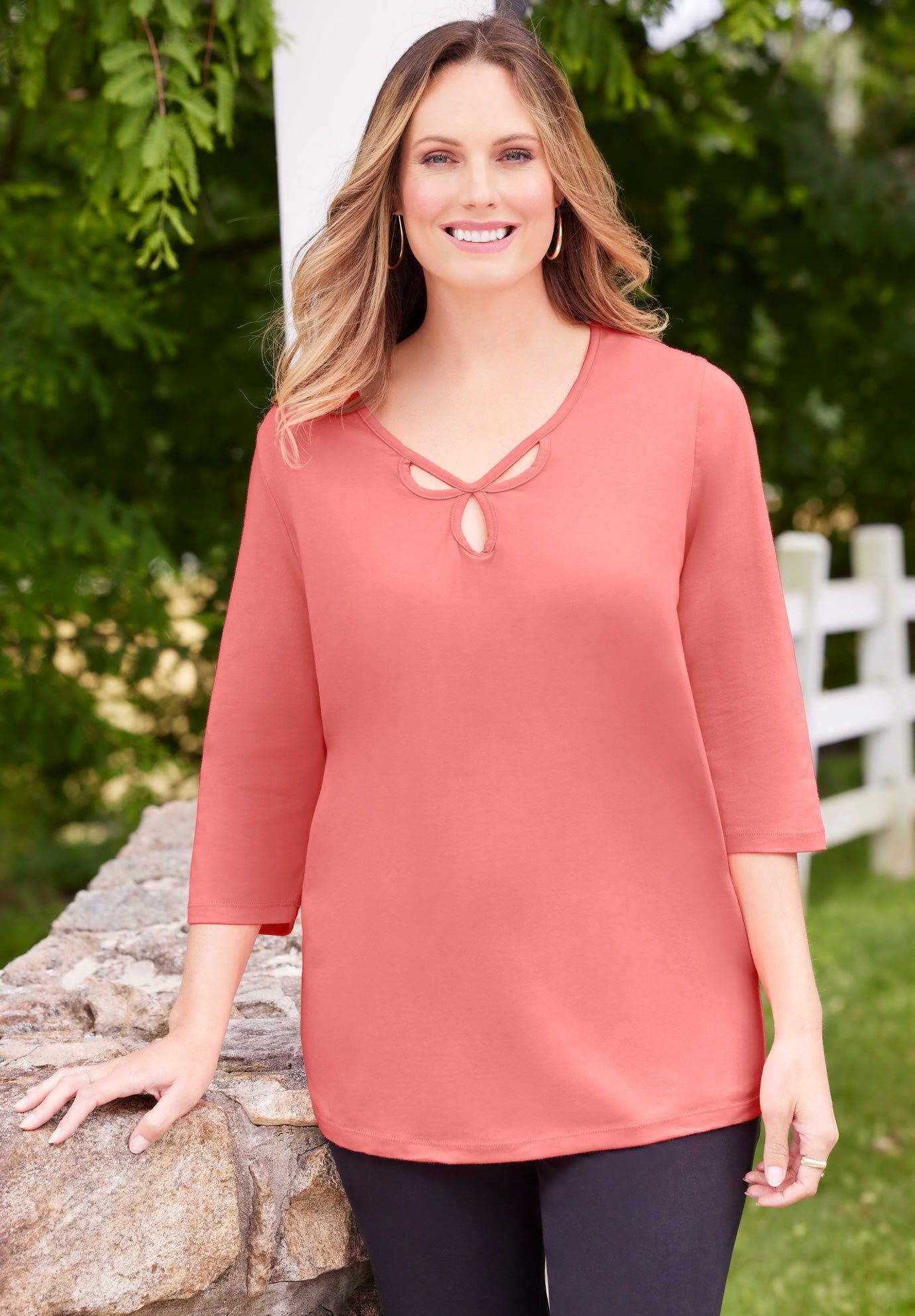 Suprema&reg; Triple Keyhole Tee, SWEET CORAL, hi-res image number 0