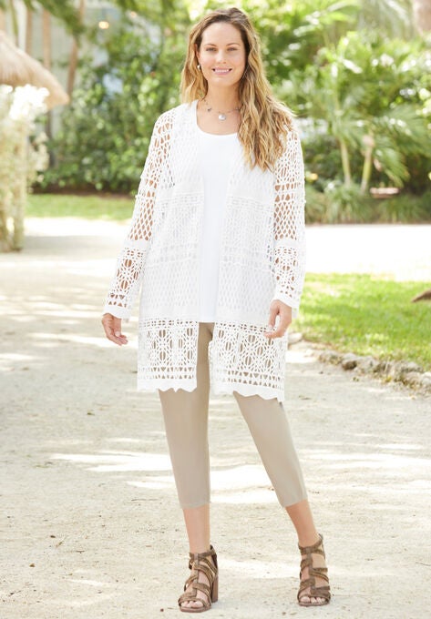 Elegant Crochet Sweater Cardigan, WHITE, hi-res image number null