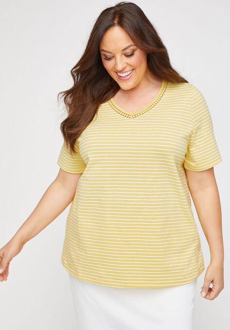 Striped Embroidered-Neck Suprema® Tee, YELLOW STRIPE, hi-res image number null