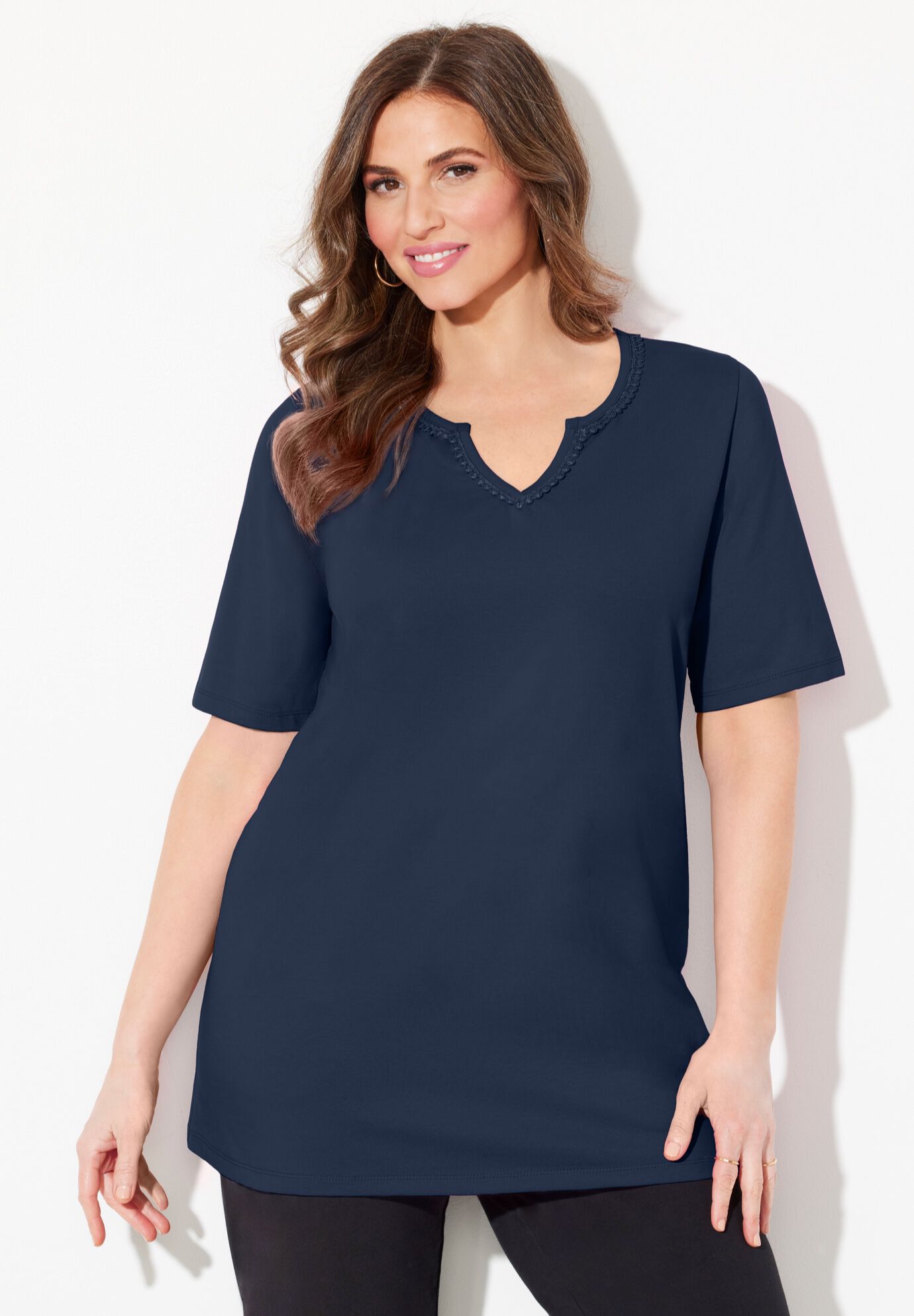 Suprema&reg; Embroidered Notch-Neck Tee, NAVY, alternate image number 3