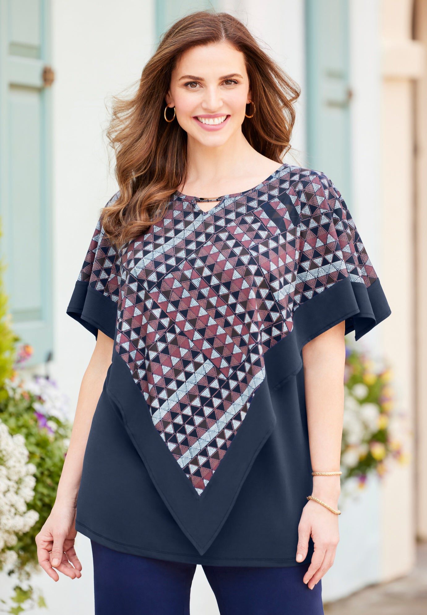 AnyWear Poncho Overlay Duet Top, NAVY BIAS GEO, hi-res image number 0