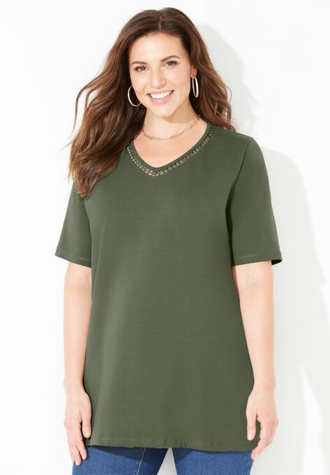 Suprema® Crochet V-Neck Tee, OLIVE GREEN, hi-res image number null