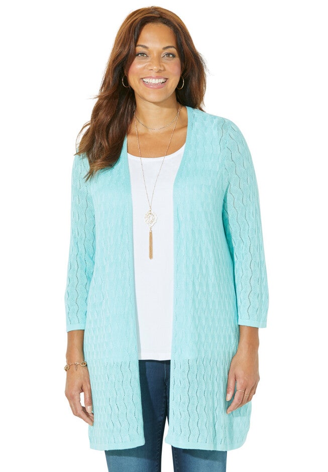 Pointelle Ombre Sweater Cardigan, LIGHT AQUA, hi-res image number null