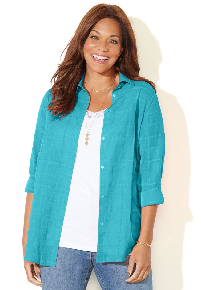 Windowpane Buttonfront Shirt, AQUA BLUE, hi-res image number null