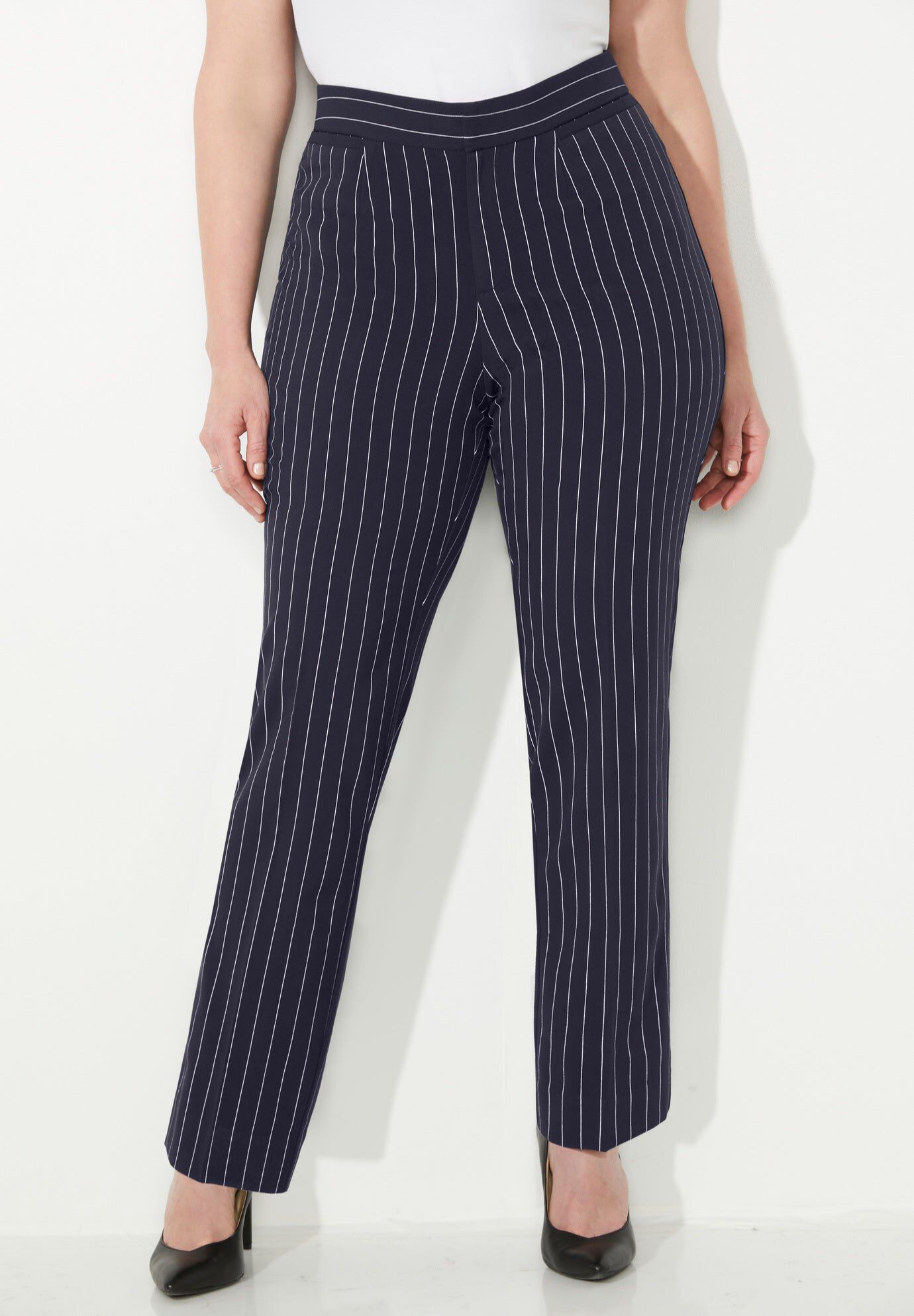 Right Fit&reg; Curvy Slim Leg Pant, MIDNIGHT WHITE PINSTRIPE, hi-res image number 0