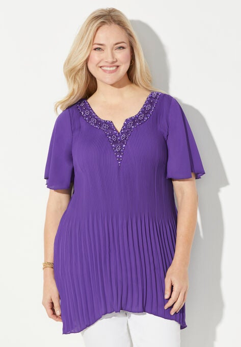Pleated Flutter Sleeve Top, DARK VIOLET, hi-res image number null