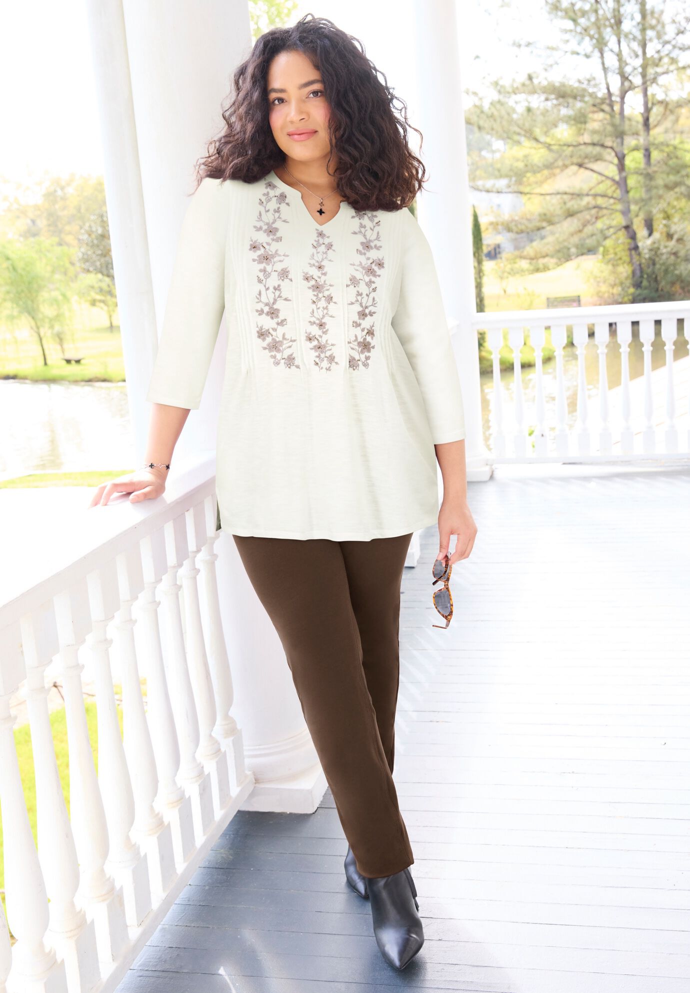 Embroidered Pintuck Tunic, , on-hover image number 1