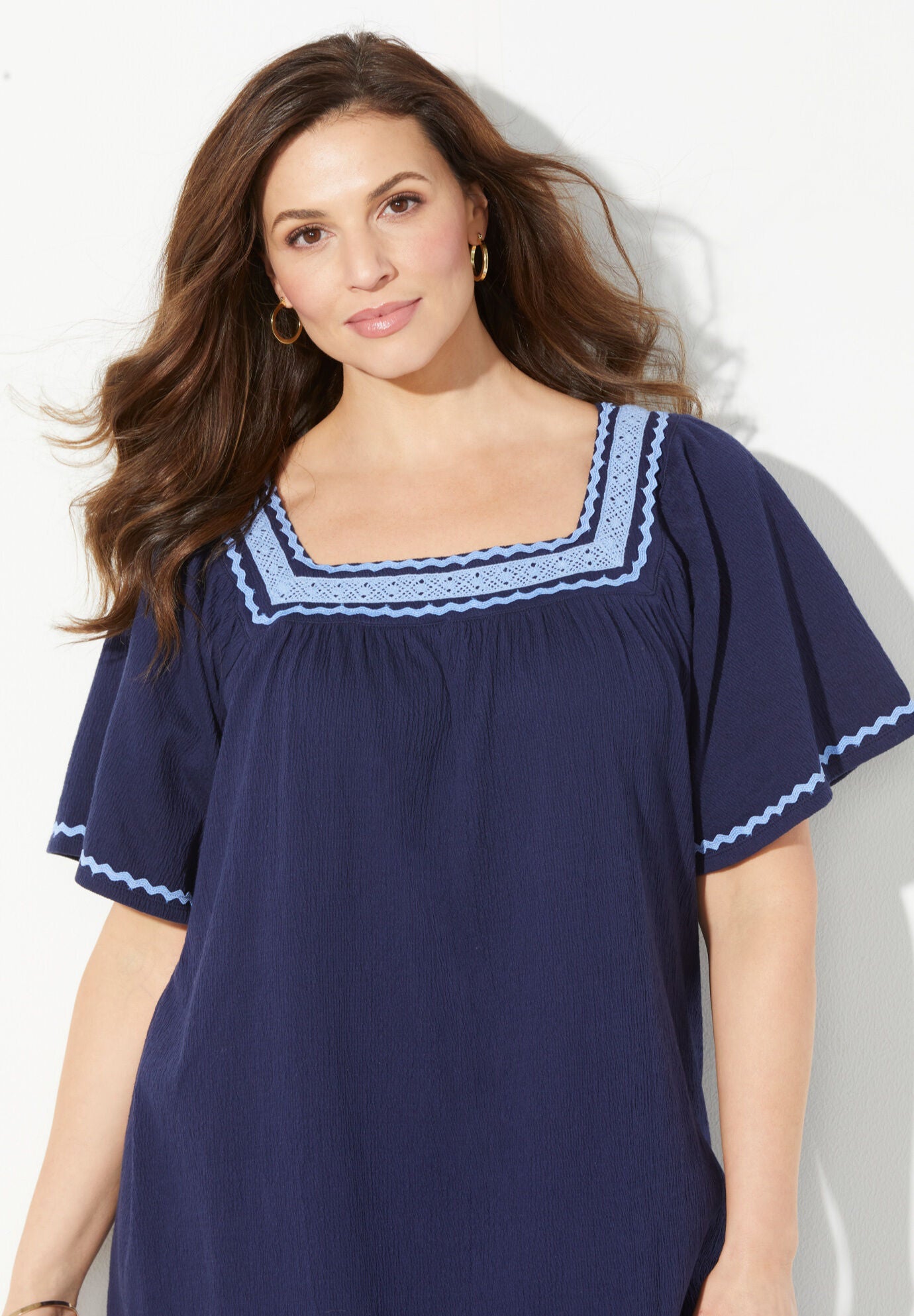 Square-Neck Gauze Peasant Top, , alternate image number 3