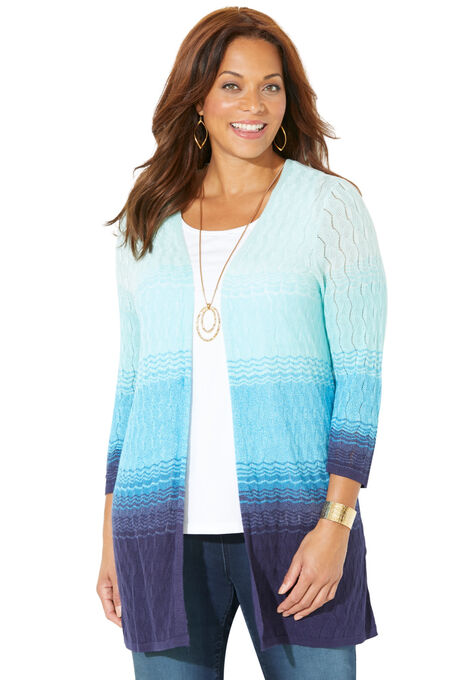 Pointelle Ombre Sweater Cardigan, BLUE OMBRE DIP DYE, hi-res image number null