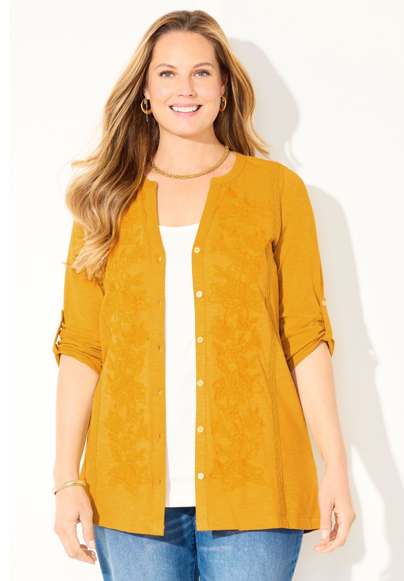 Embroidered Buttonfront Tunic, HONEY MUSTARD, alternate image number 3