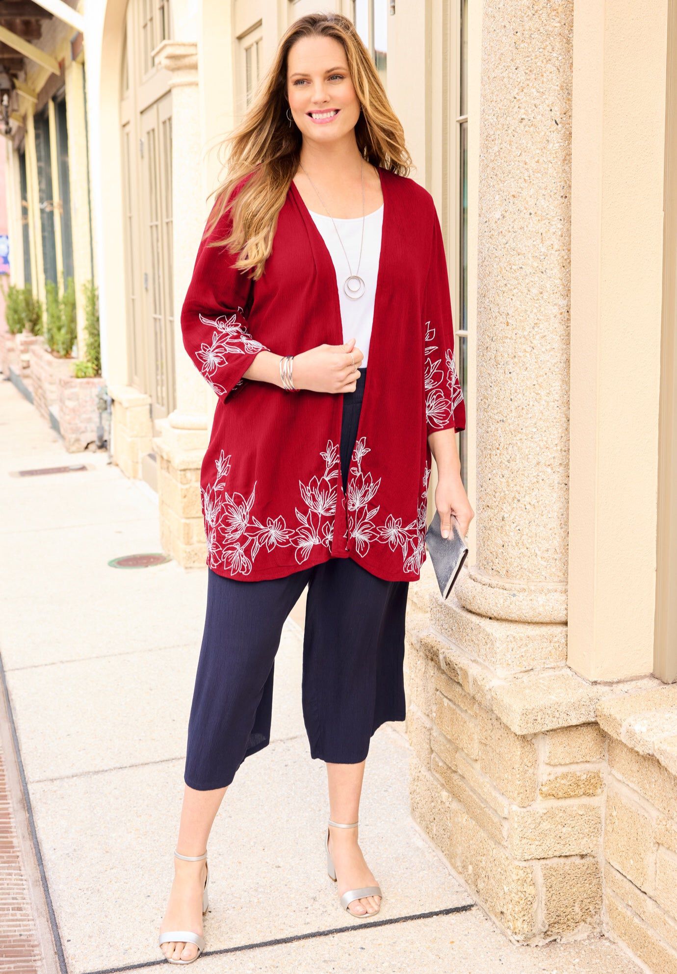 Gauze Embroidered Open-Front Jacket, CLASSIC RED, hi-res image number 0