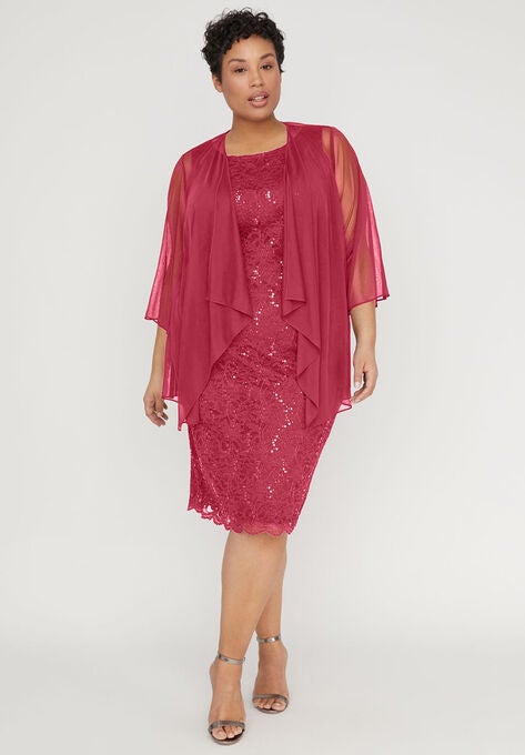 Sparkling Lace Jacket Dress, DEEP SCARLET, hi-res image number null