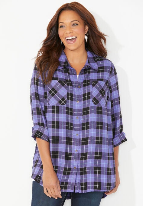 Sparkle Plaid Button Back Shirt, PURPLE PLAID, hi-res image number null