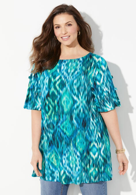Ladder Sleeve Boatneck Top, BLUE IKAT MEDALLION, hi-res image number null