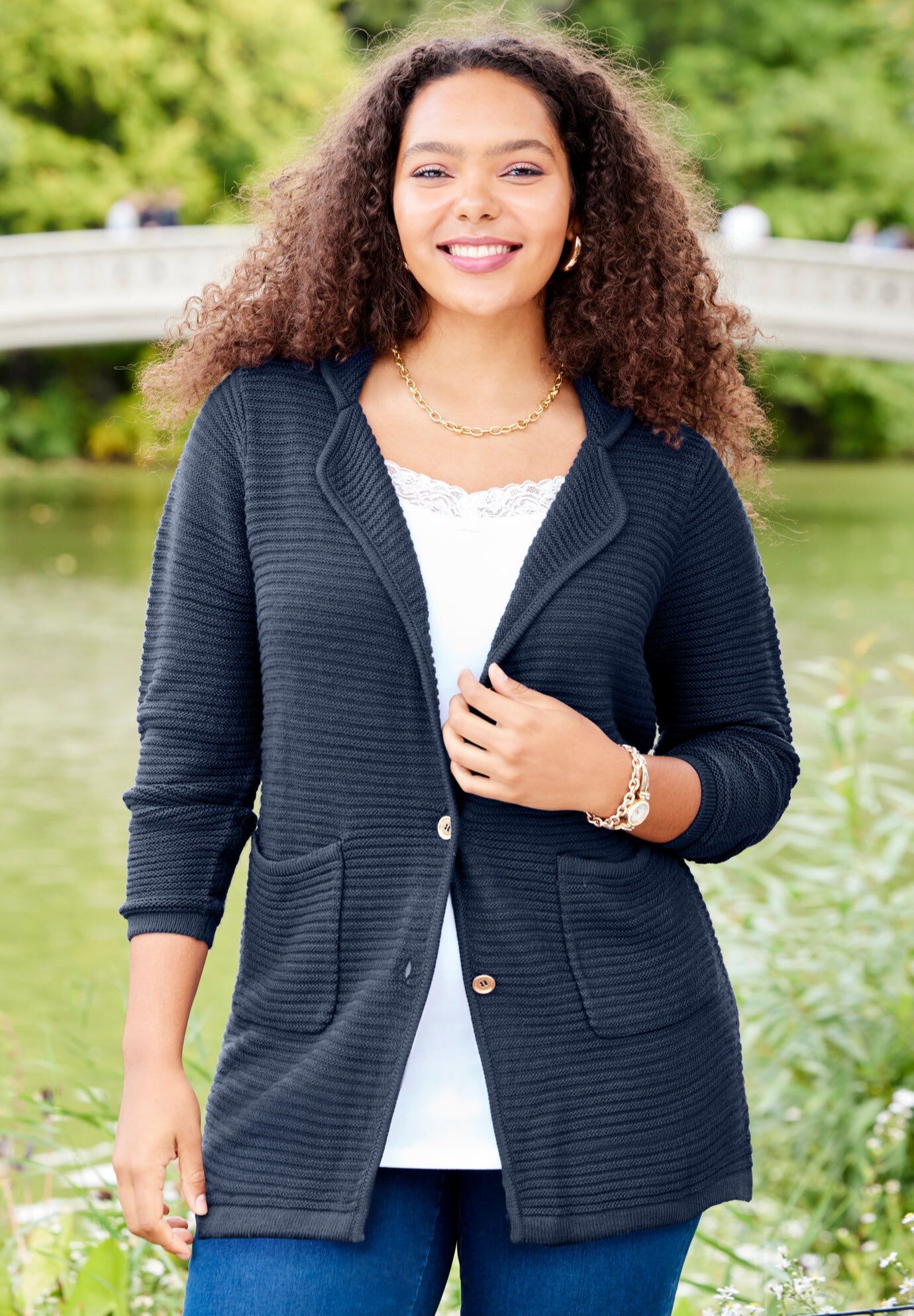 Ottoman Stitch Cardigan Blazer, NAVY, hi-res image number 0