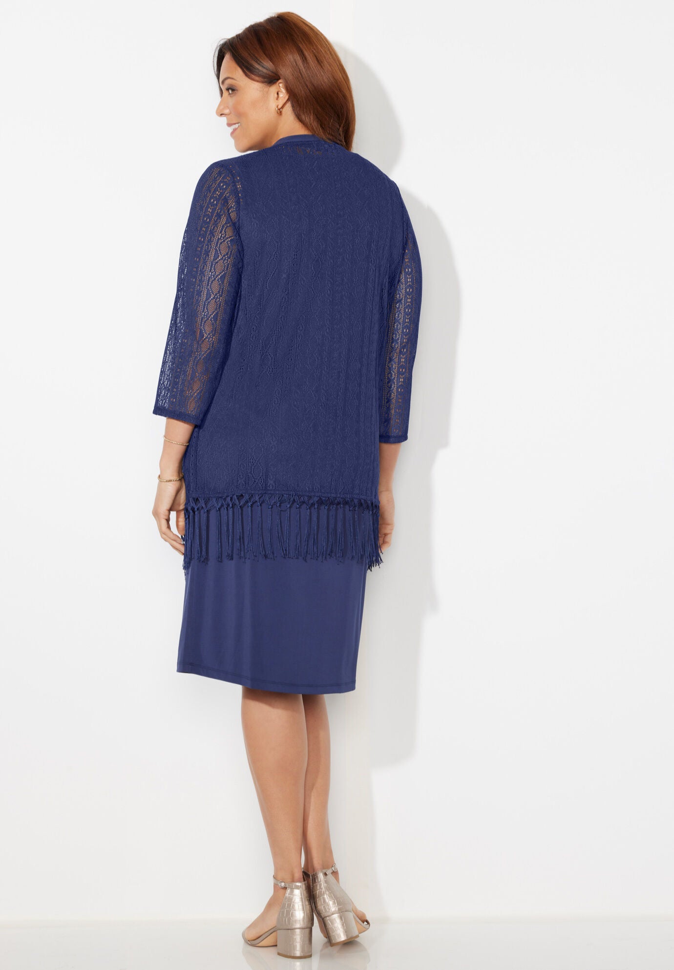 Crochet Fringe Jacket and Dress, NAVY, on-hover image number 1