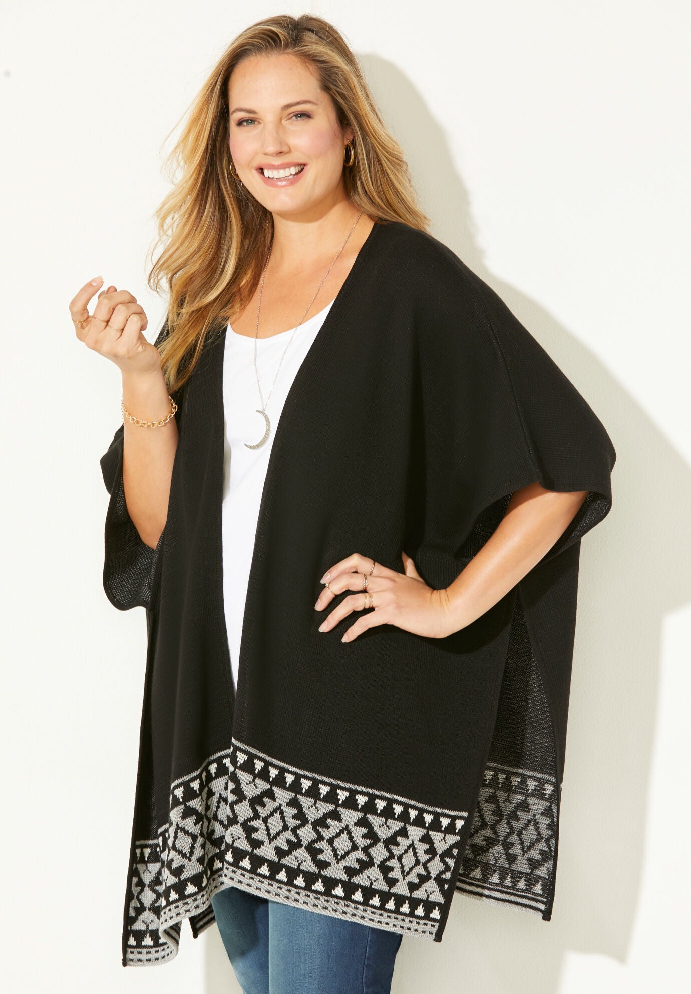 Border Print Ruana Wrap, , alternate image number 3