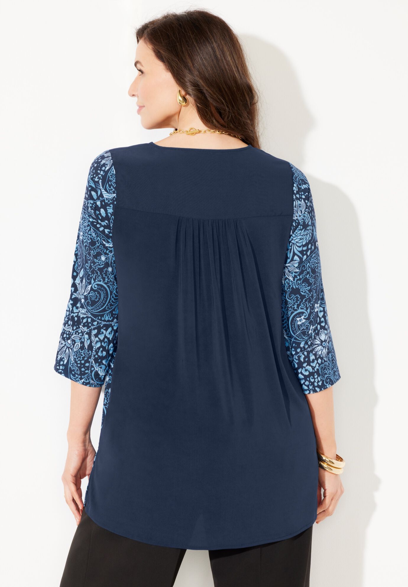 V-Neck Pleated Tunic, BLACK CHEVRON, on-hover image number 1