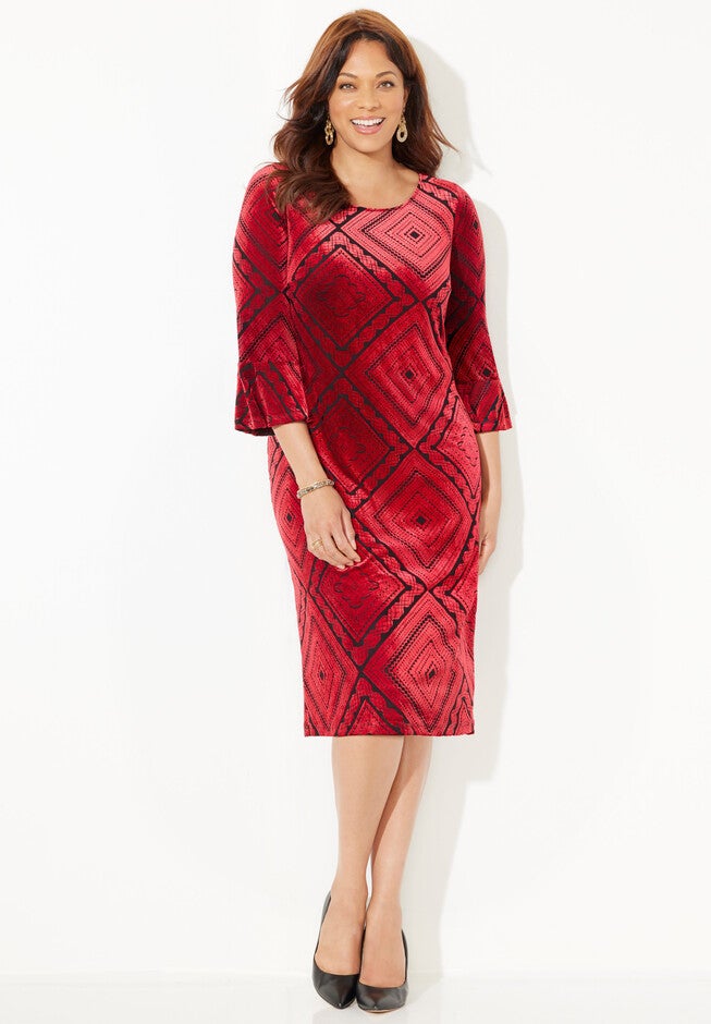 AnyWear Velvet Burnout Bell Sleeve Dress, CLASSIC RED GEO BURNOUT, hi-res image number null