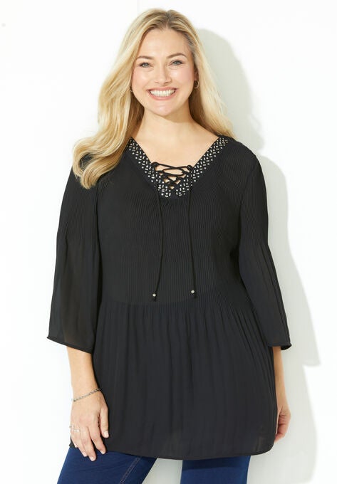 Lace-Up Pleated Blouse, BLACK, hi-res image number null