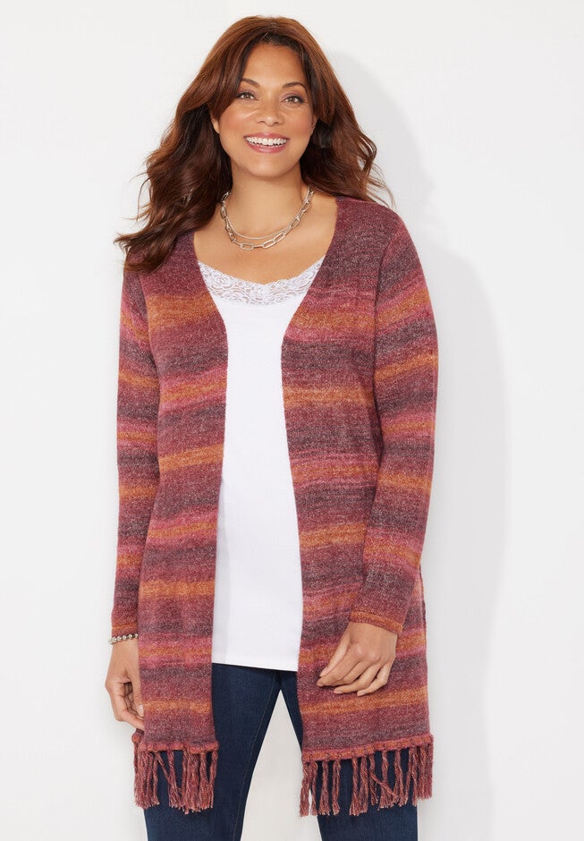 Ombre Tassel Hem Duster, RICH BURGUNDY COMBO, hi-res image number null