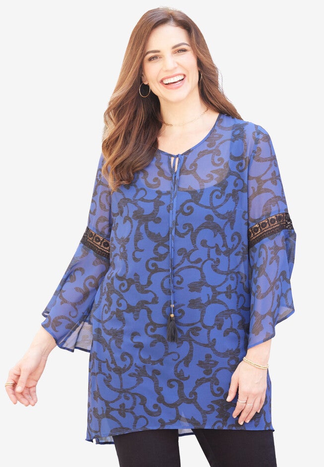Bell Sleeve High-Low Tunic, DARK SAPPHIRE SCROLL, hi-res image number 0