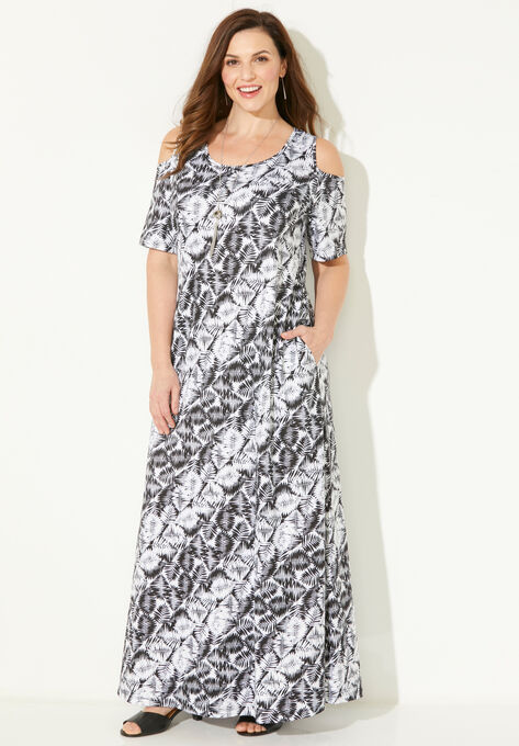 Open-Shoulder Pocket Maxi Dress, BLACK AND WHITE GRAPHIC LEAF, hi-res image number null