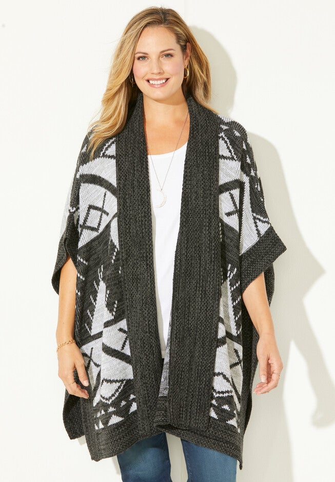 Cozy Blanket Ruana Wrap, LT GREY HEATHER CHARCOAL, hi-res image number 0