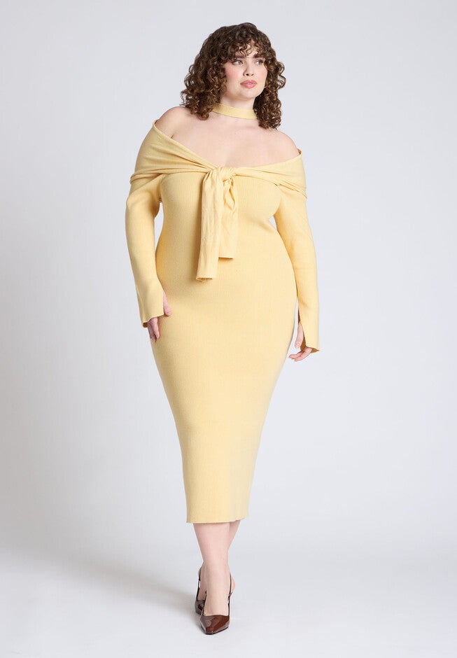 Sweater Dress With Tie, LIGHT YELLOW, hi-res image number null