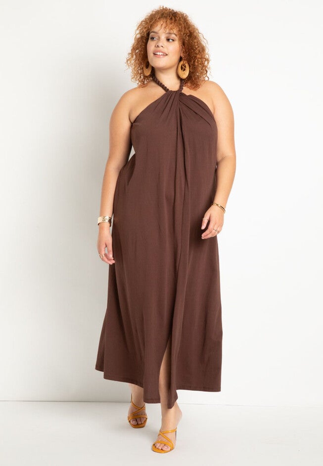 Halter Dress with Braided Detail, CHOCOLATE FONDANT, hi-res image number null