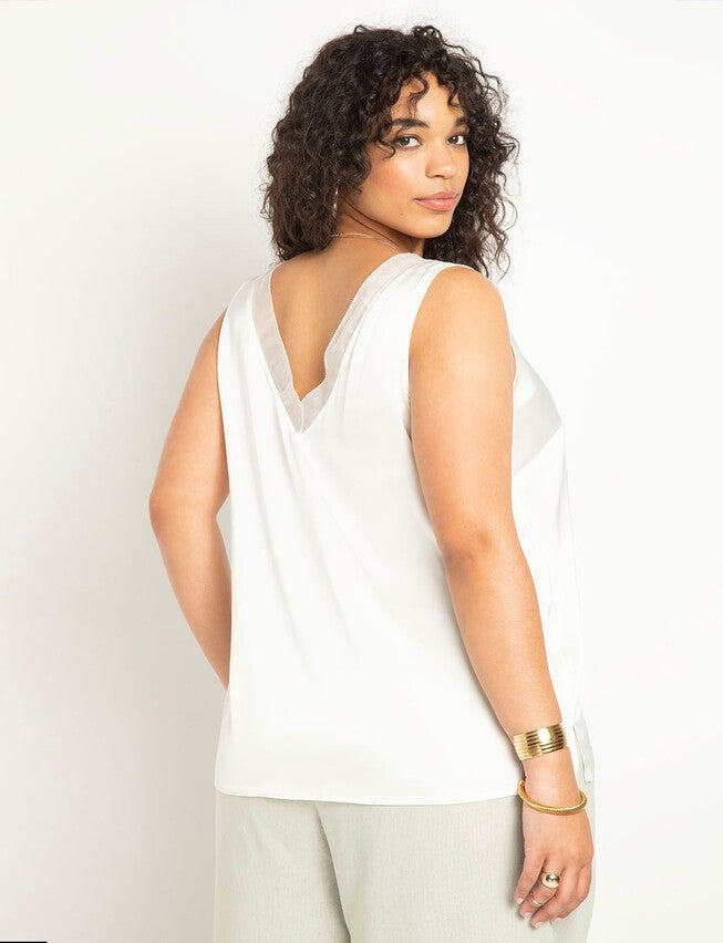 V Neck Satin And Chiffon Tank, CREAM WHITE, on-hover image number null