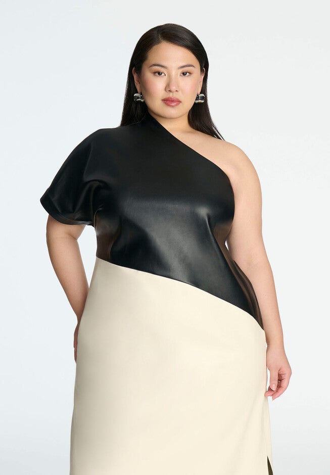 One Shoulder Colorblock Faux Leather Dress, BLACK SUGAR SWIZZLE, alternate image number null