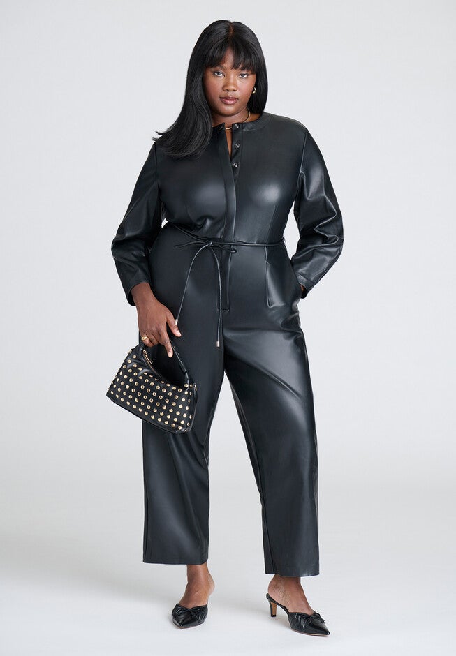 Leather Jumpsuit With Tie, BLACK ONYX, on-hover image number null