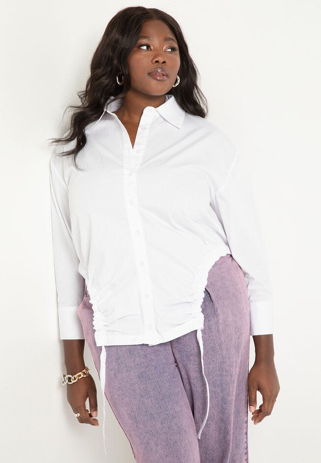 Tunnel Cutout Hem Button Down Shirt, BRIGHT WHITE, hi-res image number null