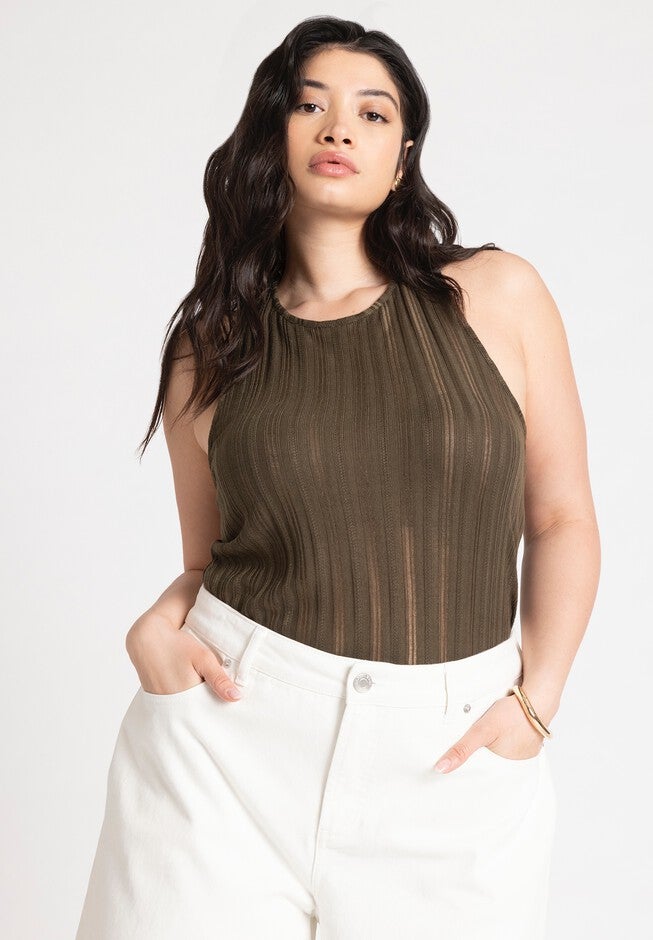Crochet Twist Back Racer Top, MIDNIGHT OLIVE, hi-res image number null