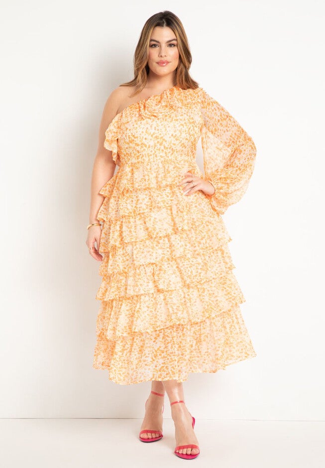 Chiffon Ruffled Dress, CORAL, hi-res image number null
