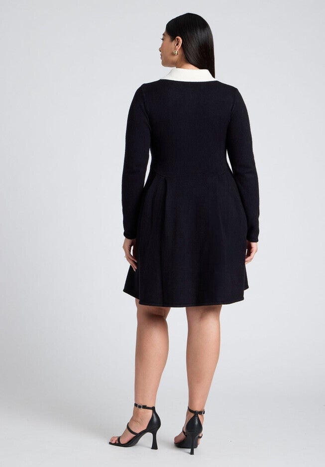 Collared Sweater Dress With Buttons, BLACK WITH WHITE, alternate image number null