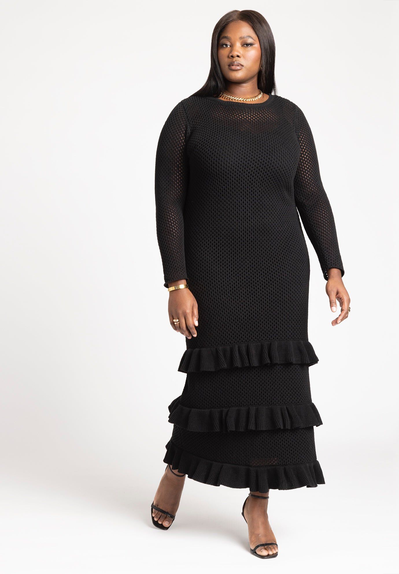 Crochet Open Stitch Maxi Dress With Ruffles, BLACK ONYX, hi-res image number 0