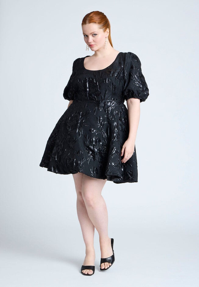 Balloon Skirt Brocade Mini Dress, BLACK ONYX, on-hover image number null