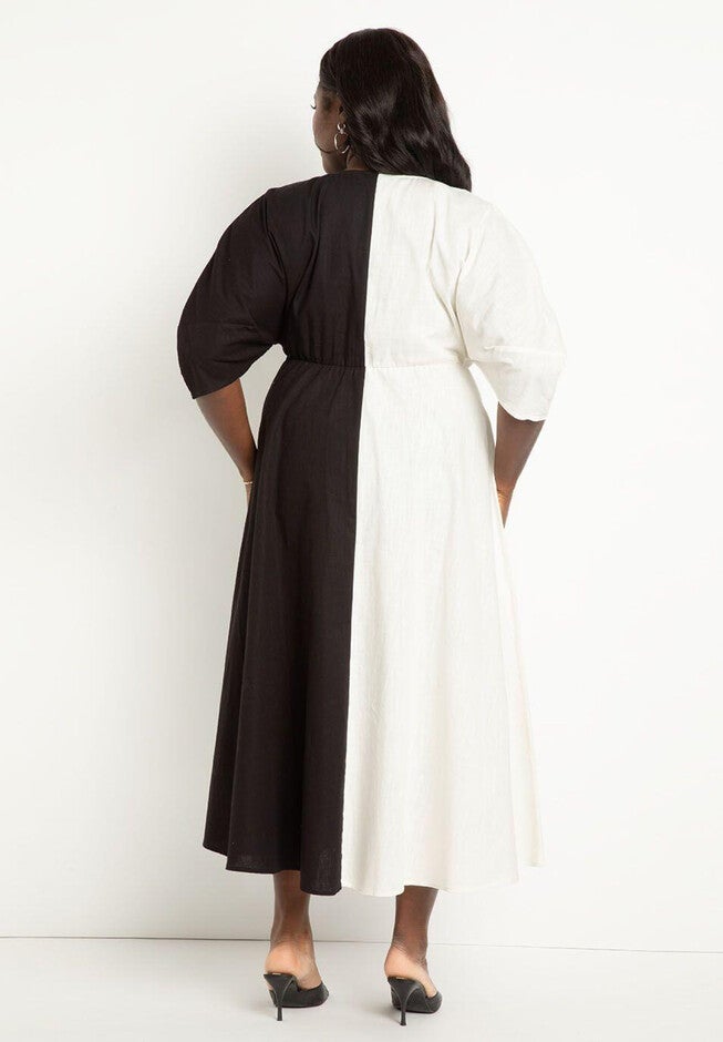 Two-Tone Linen Dress With Tie Front, , alternate image number null