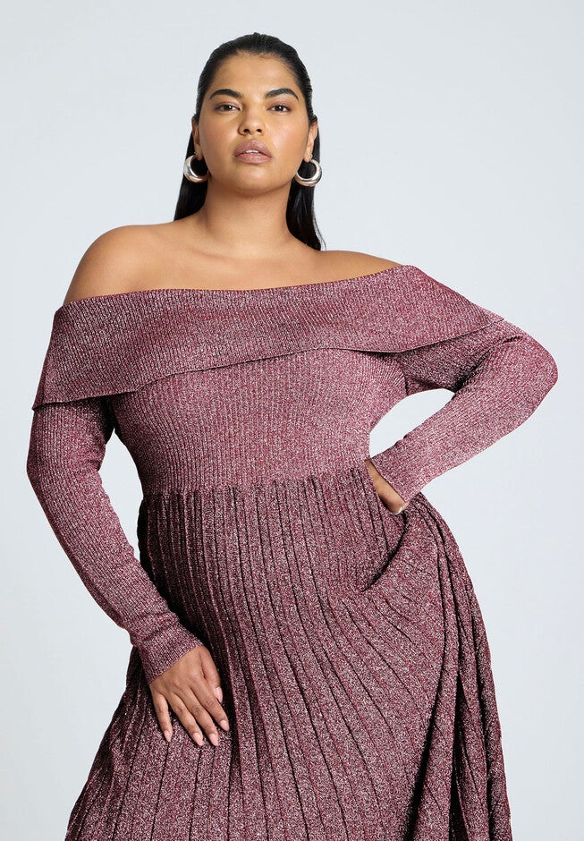 Lurex Off Shoulder Dress, BURGUNDY LUREX, alternate image number null