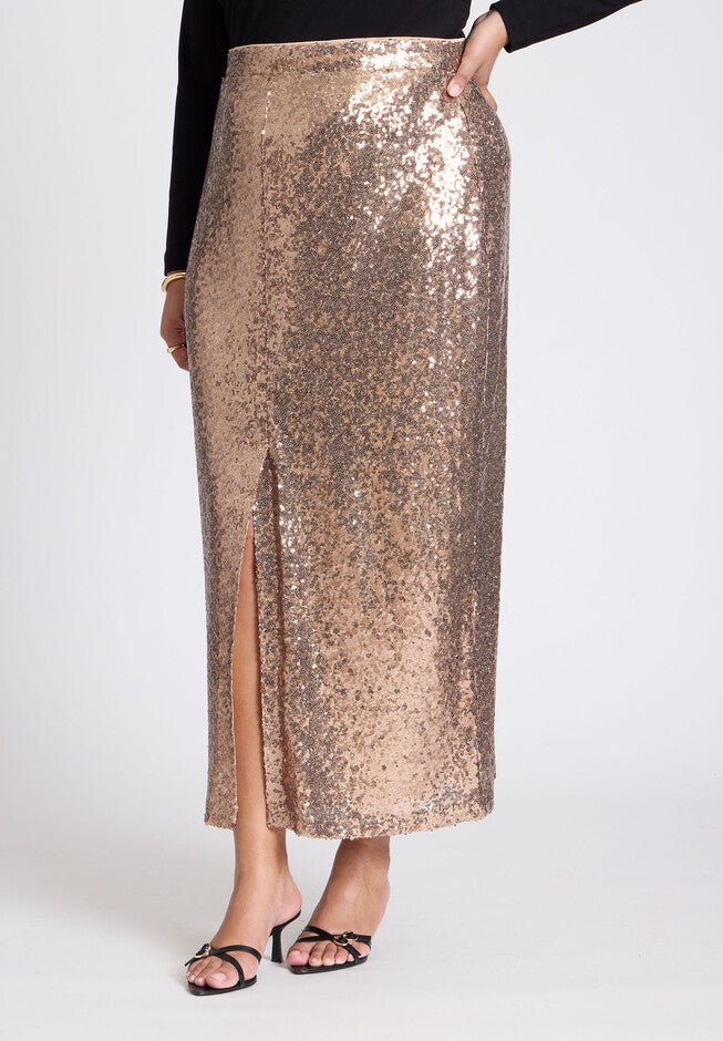 Sequin Shimmer Maxi Skirt With Slit, BRONZE, on-hover image number null