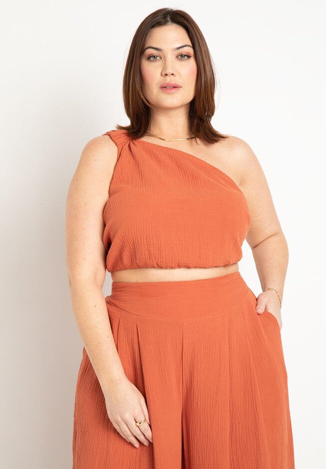 Knotted One Shoulder Crop Top, BURNT BRICK, hi-res image number null