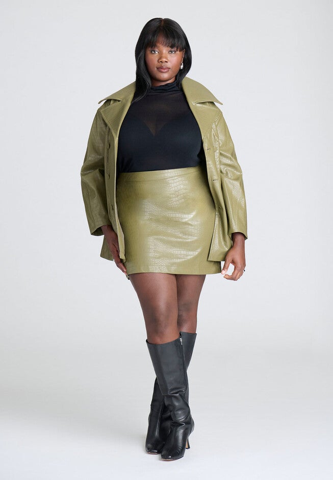 Croc Faux Leather Mini Skirt, BURNT OLIVE, hi-res image number null