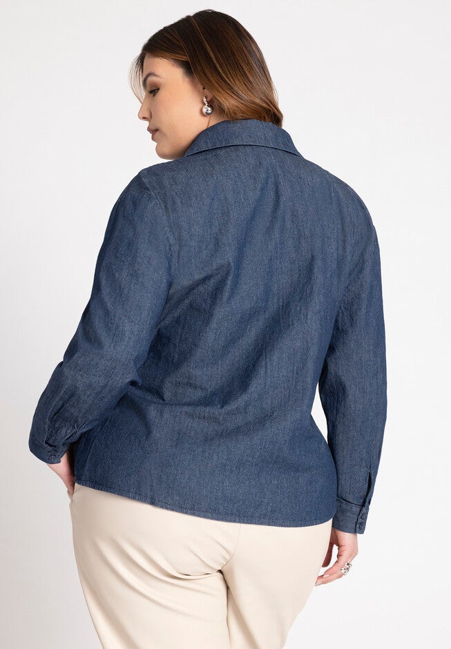Tie Front Collared Blouse, MEDIUM WASH, on-hover image number null