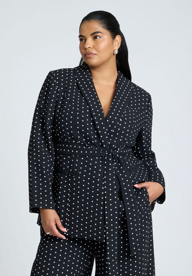 Tie Waist Printed Blazer, BLACK, hi-res image number null