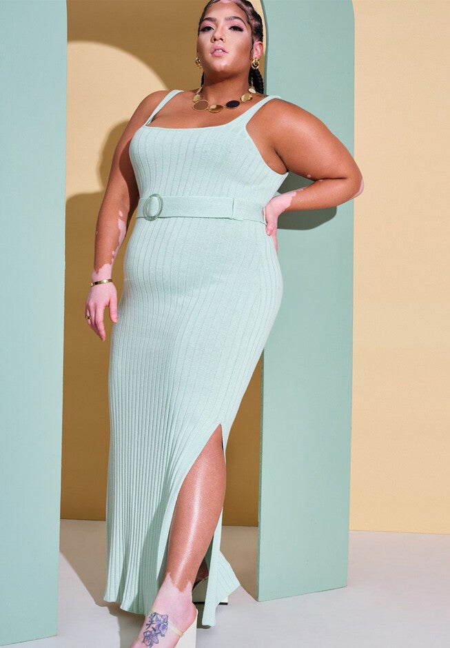Knitted Rib Maxi Dress With Belt, , alternate image number null