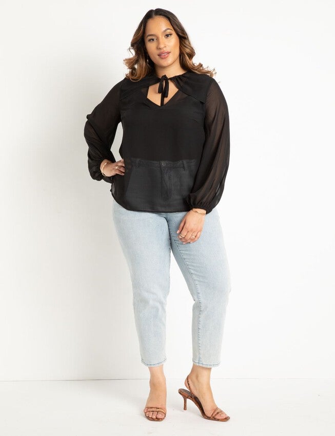 Neckline Detail Chiffon Blouse, BLACK, alternate image number null